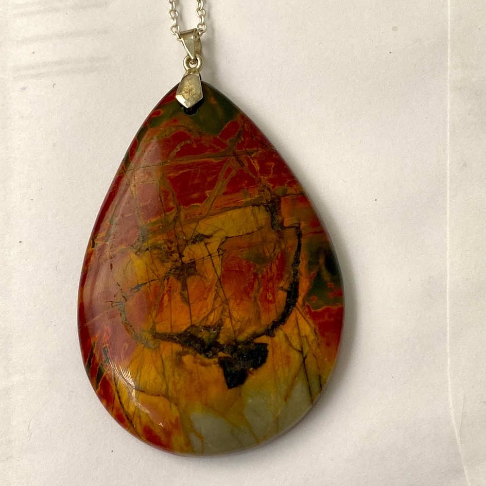 Beau, new 2 inch Picasso Jasper Pendant on a 925 silver chain